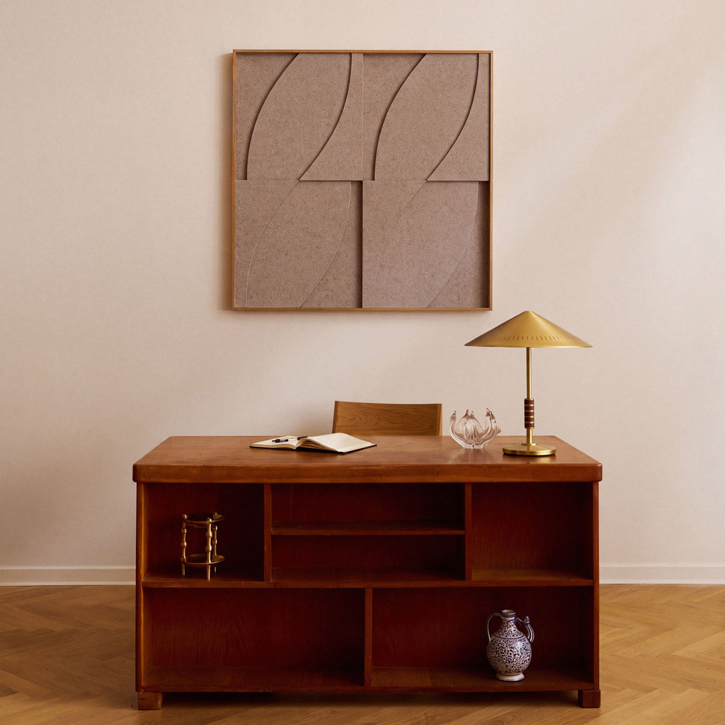 Front view of a textile acoustic artwork in taupe color with an oak frame.