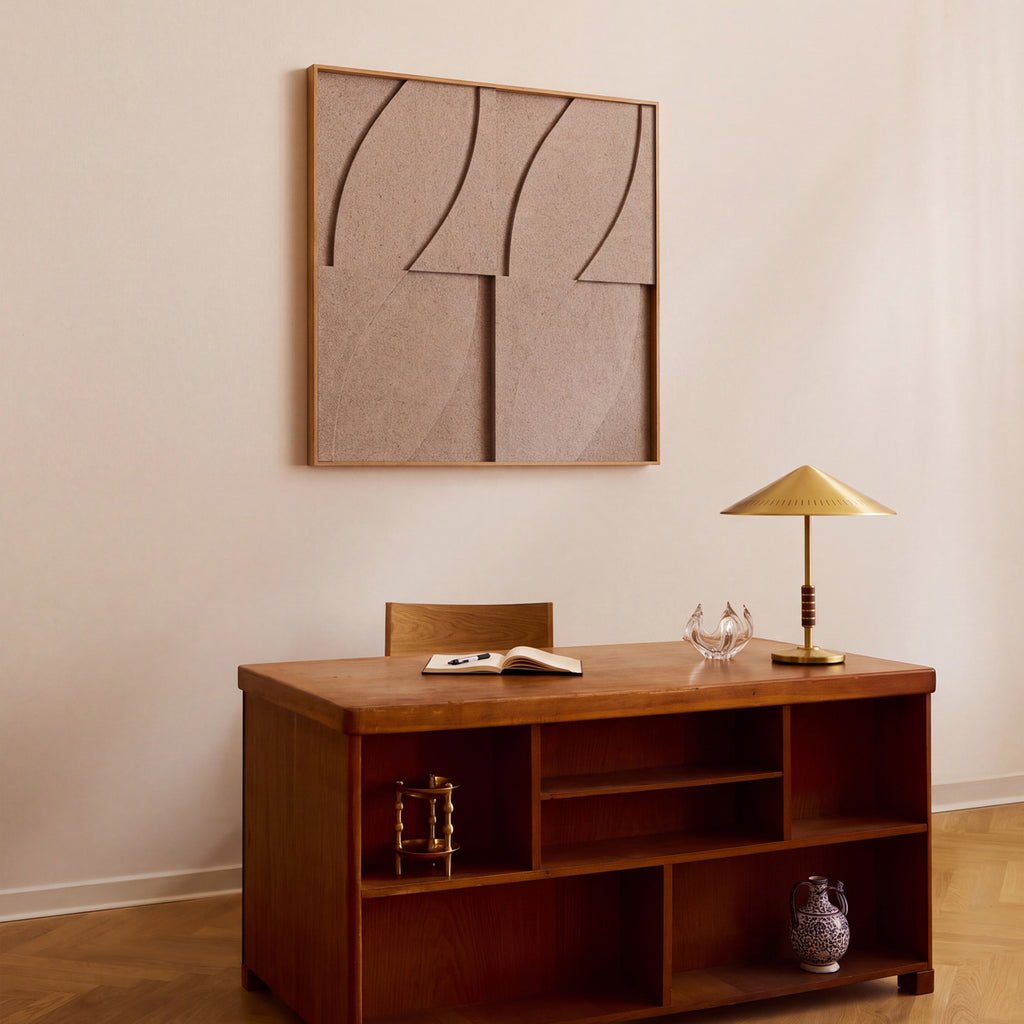 Side view of a textile acoustic artwork in taupe color with an oak frame.