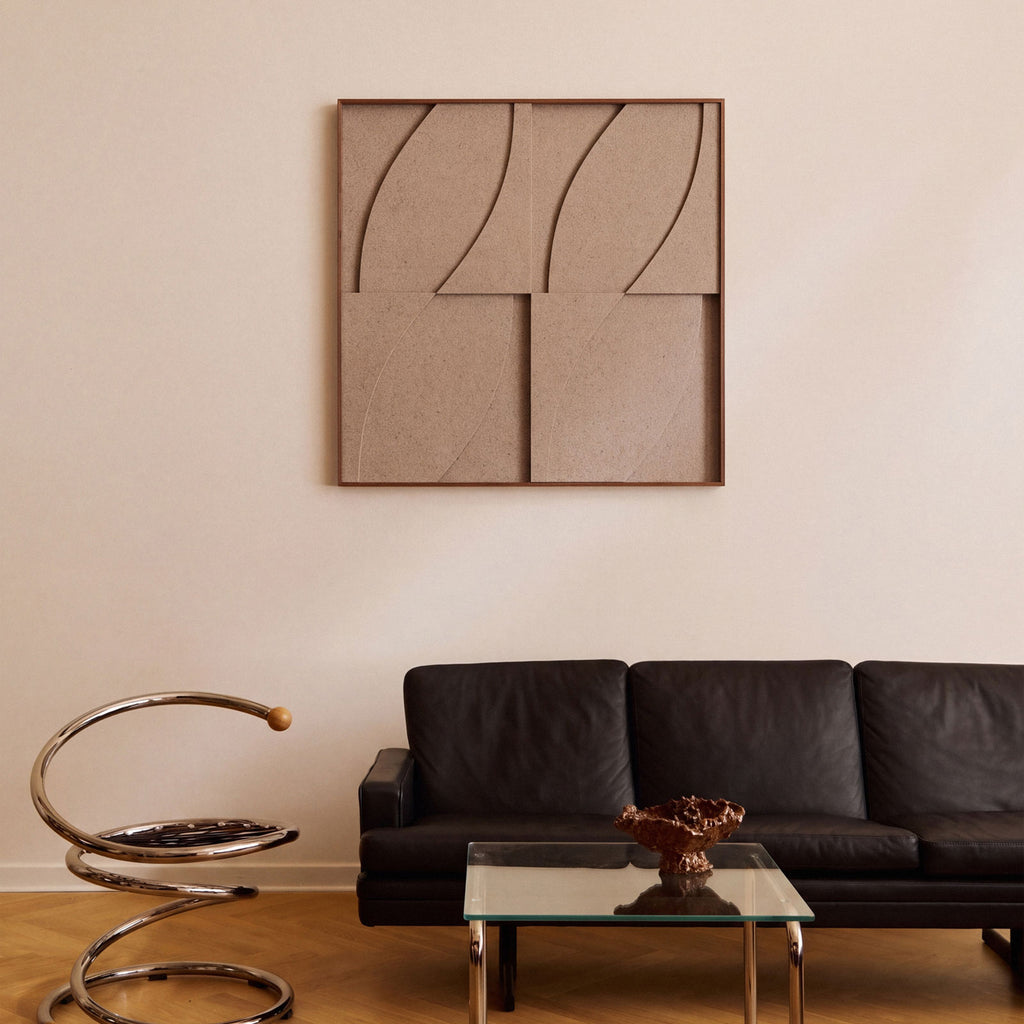 Front view of a large textile acoustic artwork in cashmere color with a walnut frame