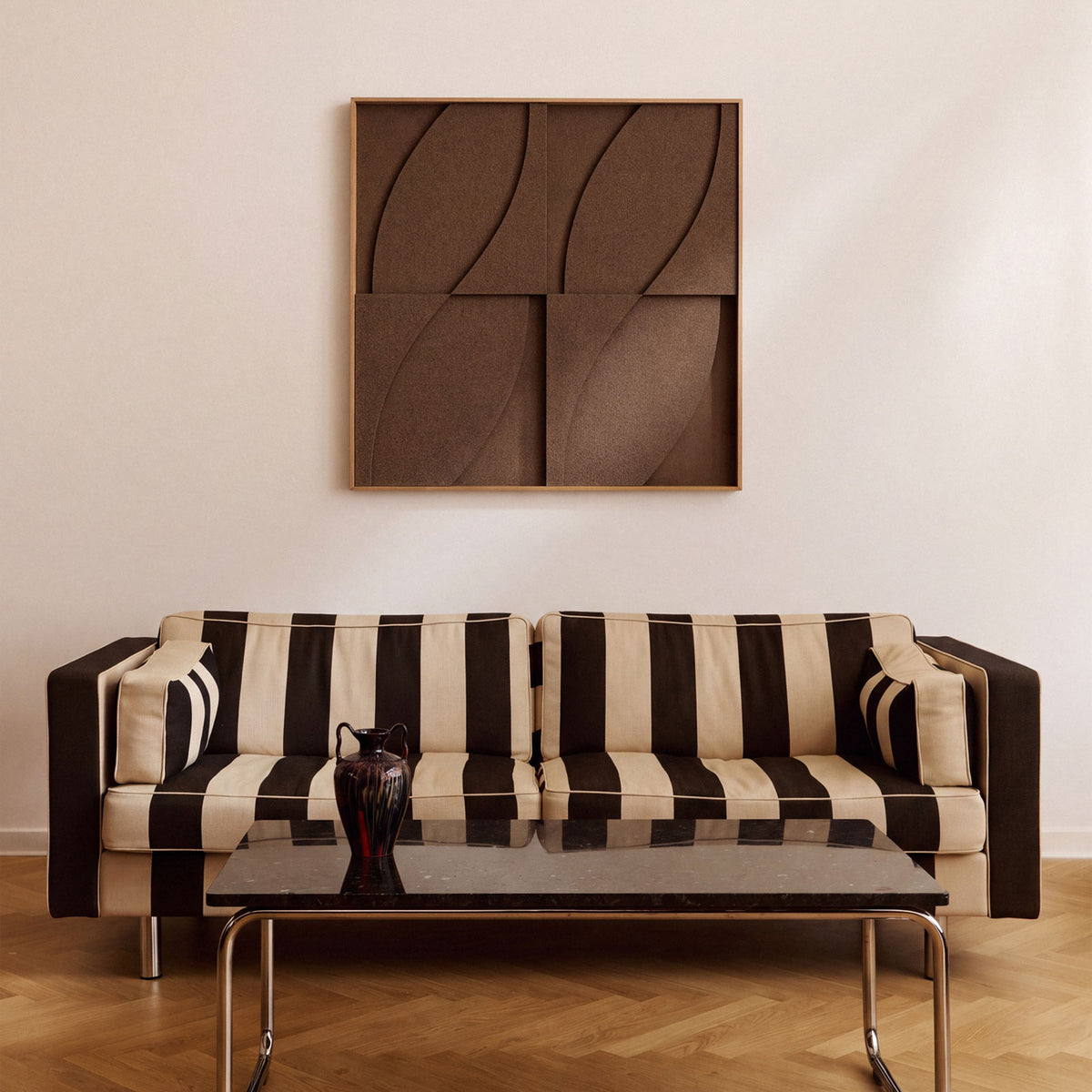 Front view of a large textile acoustic artwork in dark brown color with an oak frame.