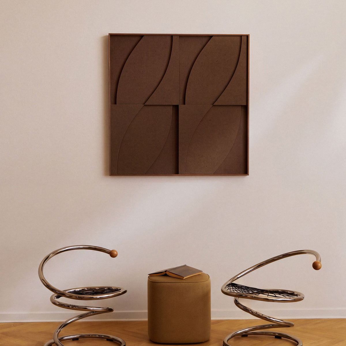 Front view of a large textile acoustic artwork in dark brown color with an walnut frame.