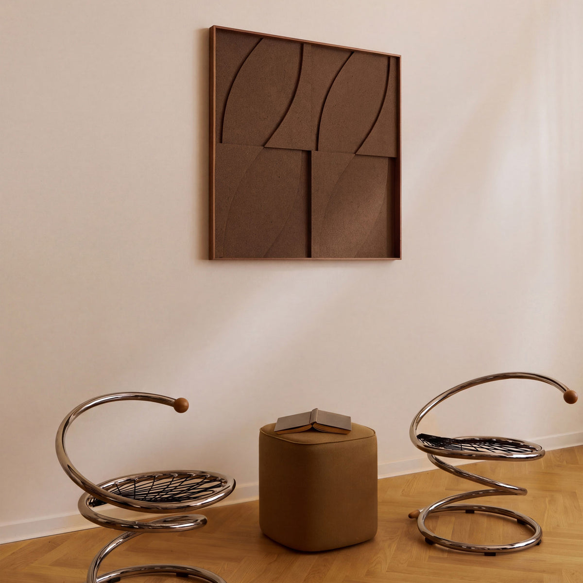 Side view of a large textile acoustic artwork in dark brown color with an walnut frame.