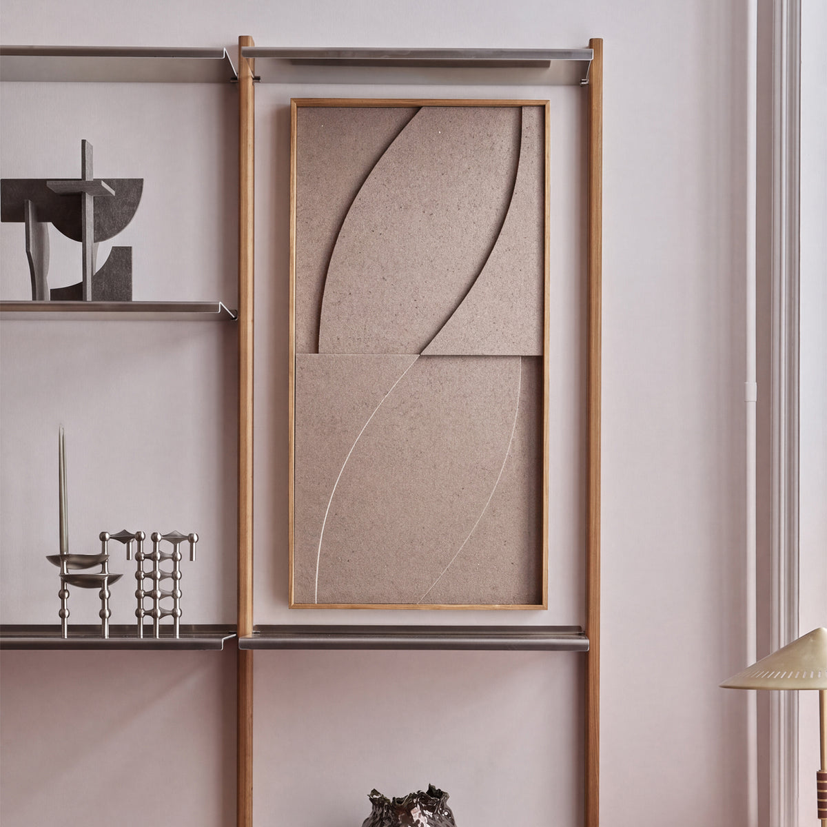 Front view of a textile acoustic artwork in taupe color with an oak frame.