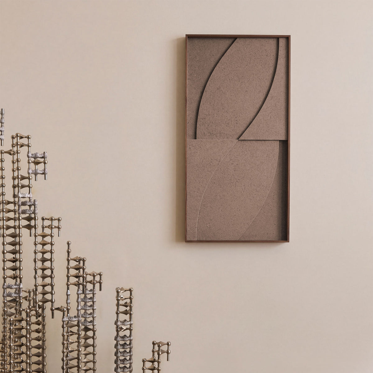 Front view of a textile acoustic artwork in taupe color with an walnut frame.