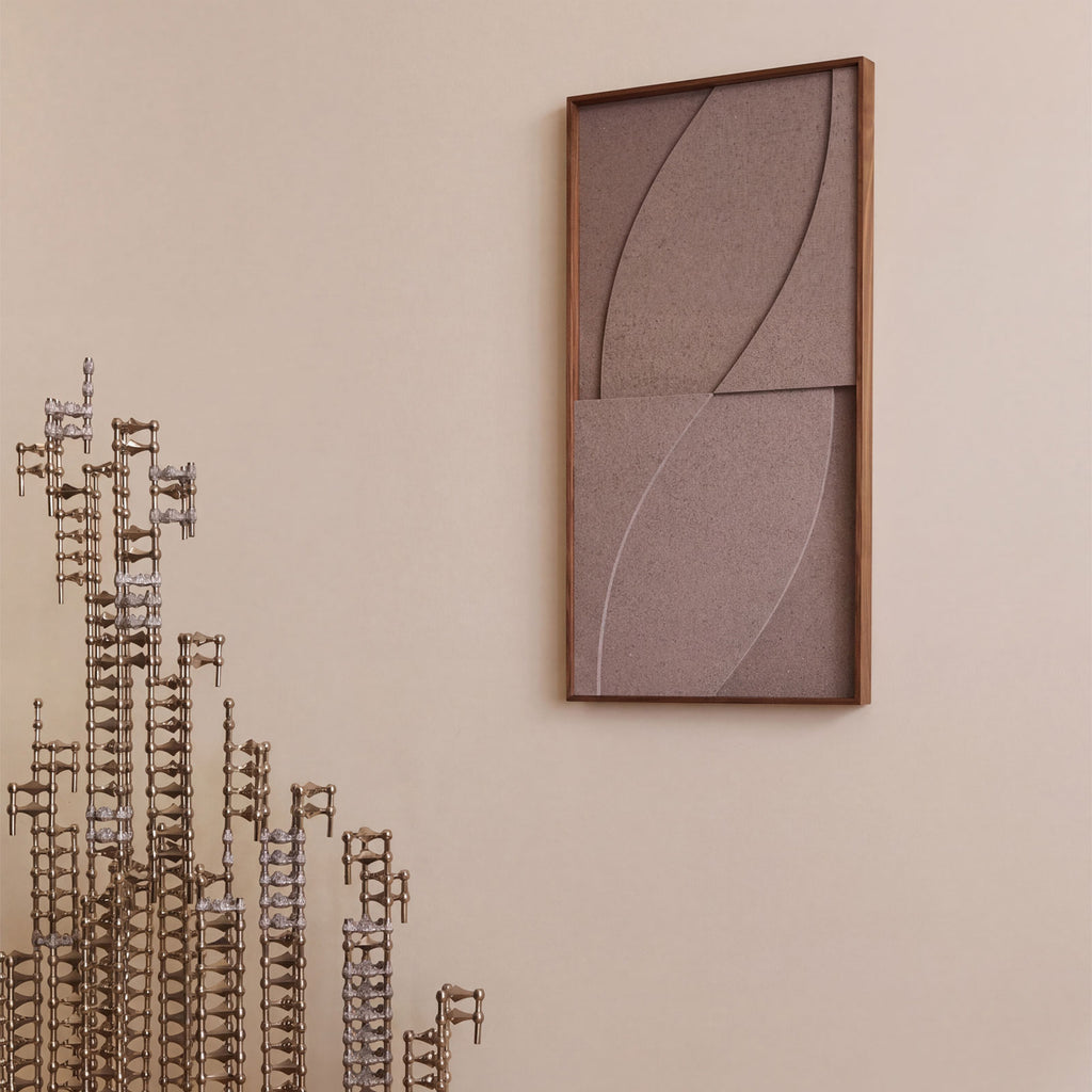 Front view of a textile acoustic artwork in taupe color with an walnut frame.